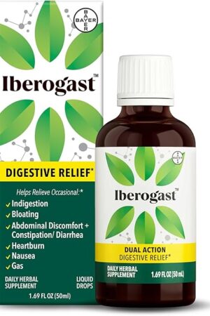 Iberogast Liquid Drops, Herbal Relief of Stomach Upsets: Occasional Indigestion, Bloating, Gas, Nausea, Upset Stomach; Gluten Free; 6-Herb Blend with Iberis Amara, Peppermint, Licorice; 50mL