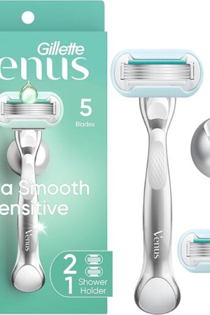 Gillette Venus Extra Smooth Sensitive Razor for Women, Includes 1 Reusable Razor Handle + 2 Refills, for Sensitive Skin with Metal Handle and Shower Holder