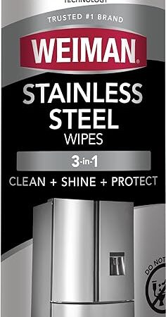 Weiman Stainless Steel Cleaner, 30 Count Cleaning Wipes, Removes Dirt, Grime, and Grease, No Streaks or Residue, Stainless Steel Polish for a Sparkling Clean and Shiny Surface, Cleaning Supplies