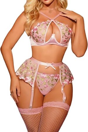 Women's 5 Piece Floral Embroidery Babydoll Lingerie with Garter Belt & Stockings Teddy Lingerie Bodysuit