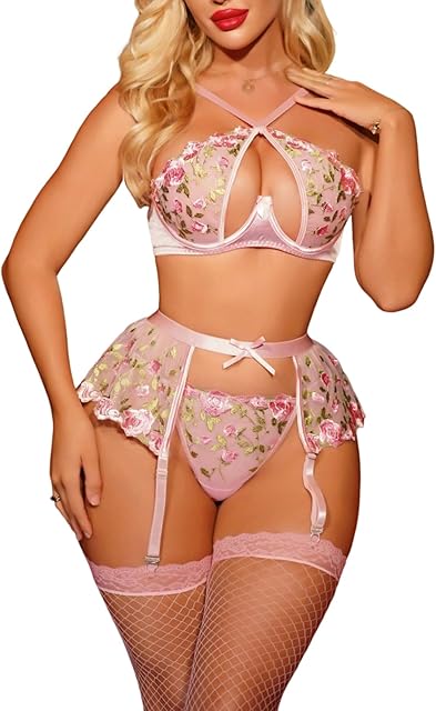Women's 5 Piece Floral Embroidery Babydoll Lingerie with Garter Belt & Stockings Teddy Lingerie Bodysuit