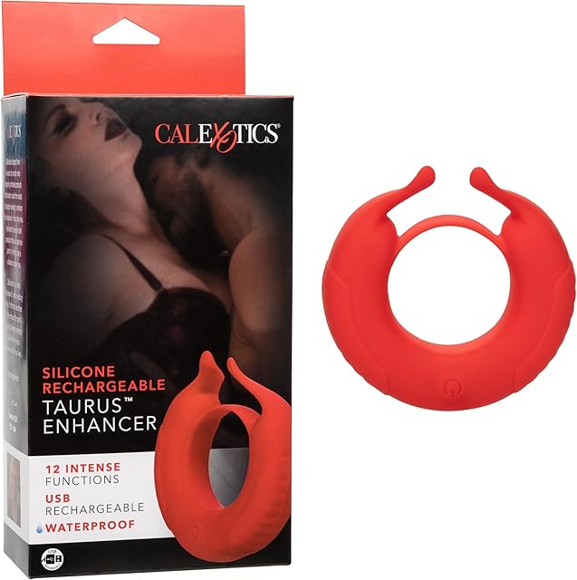 CalExotics Silicone Rechargeable Taurus Enhancer 12 Function Rechargeable Pleasure Ring Waterproof Massager Sex Toy for Couples Red
