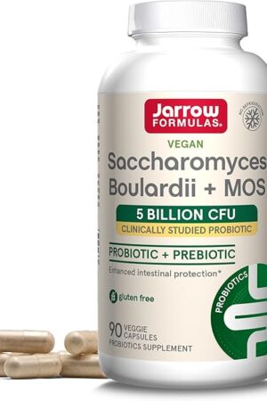 Jarrow Formulas Saccharomyces Boulardii Probiotics + MOS 5 Billion CFU Probiotic Yeast for Intestinal Health Support, Gut Health Supplements for Women and Men, 90 Veggie Capsules, 90 Day Supply