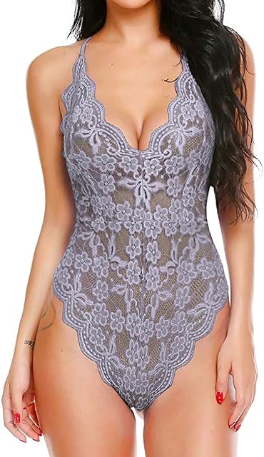 Women One Piece Lingerie Deep V Teddy Sexy Lace Bodysuit Snap Crotch Babydoll Naughty Hollow Out Nightgown