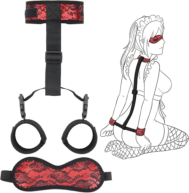 BDSM Bondage Kit Adult Restraints Sex Toys, Neck to Wrist Adjustable Bondage Gear & Accessories, Behind Back Handcuffs Collar with Blindfold Bed Straps Restraints Sex Ropes for Couples Sweater n9