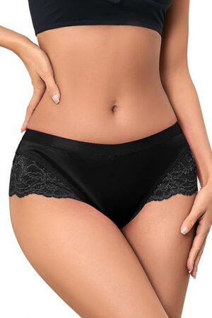 Women Sexy Lace Satin Silk Panties Underwear Mid Waist Breathable Bikini Briefs