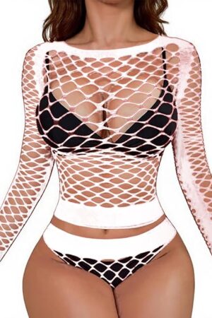 Women Sexy Fishnet Lingerie Rave Set, Long Sleeve Babydoll Shirts and Fishnets Shorts Festival Hollow Mesh Outfits