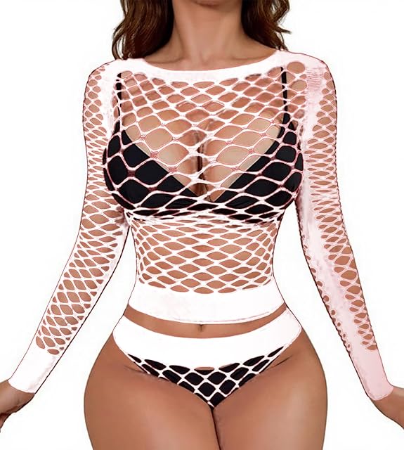 Women Sexy Fishnet Lingerie Rave Set, Long Sleeve Babydoll Shirts and Fishnets Shorts Festival Hollow Mesh Outfits