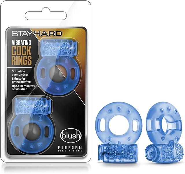 Blush Stay Hard - Male Enhancing Vibrating Stretchy Cock Rings - Disposable - 2 Pack - Blue