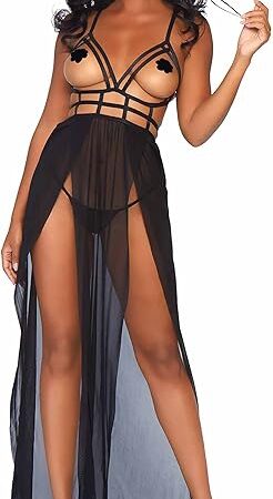 Women's 2 Pc Cage Strap Open Bodice Maxi Dress and Matching G-String, Black, Small-Medium