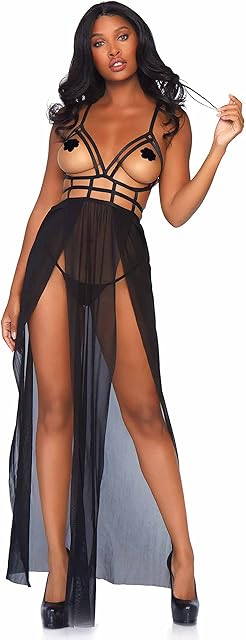Women's 2 Pc Cage Strap Open Bodice Maxi Dress and Matching G-String, Black, Small-Medium