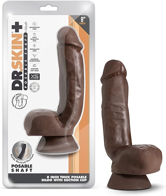 Blush Novelties Dr. Skin Plus - 8 Inch Realistic Posable Dildo with Squeezable Balls - Suction Cup Base for Hands Free Play and Harness Compatible - Triple Density and Flexible Sex Toy