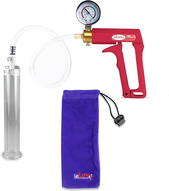 LeLuv Penis Pump Maxi Red Handle with Gauge, Clear Hose - 9 inch Length x 1.50 inch Diameter Cylinder
