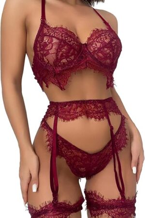 Women Sexy Wireless Garter Bow Strappy Lace Sheer Lingerie Set Bra Panty Belt See Through 3 Piece