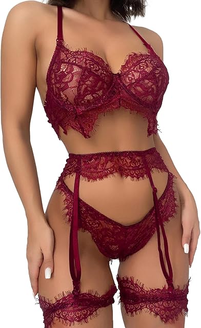 Women Sexy Wireless Garter Bow Strappy Lace Sheer Lingerie Set Bra Panty Belt See Through 3 Piece