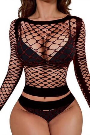 Women Sexy Fishnet Lingerie Rave Set, Long Sleeve Babydoll Shirts and Fishnets Shorts Festival Hollow Mesh Outfits