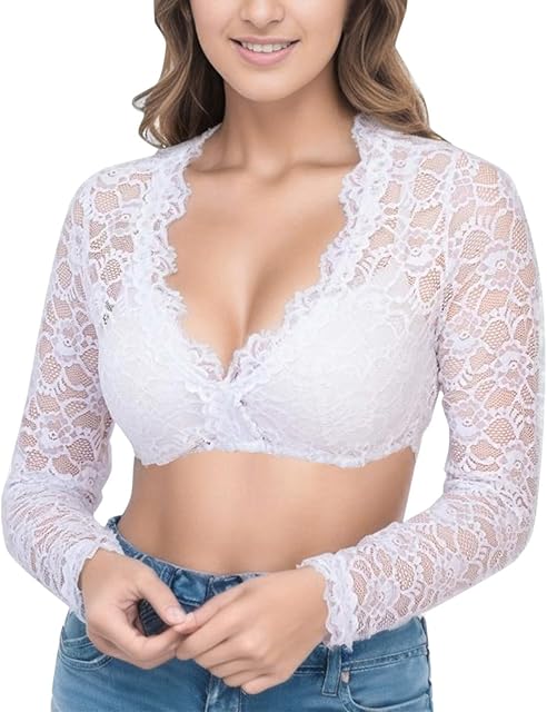 Women's Dirndl Blouse Long Sleeve White Lace Sheer Elegant Crop Tops Oktoberfest Traditional Halloween Costume Lingerie