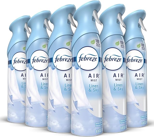 Febreze Air Mist Air Freshener Spray, Odor-Fighting Room Spray, Air Fresheners for Home and Bathroom and Kitchen, Aerosol Can, Linen & Sky Scent, 88oz, 6 Count