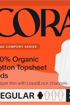 Cora 100% Organic Cotton Top Pad | Ultra Thin Period Pads with Wings | Regular Ultra-Absorbent Sanitary Pads for Women (36-Count)