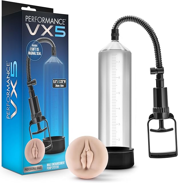 Blush Performance 9" VX5 Penis Pump w/ 2 Soft Sleeves - Clear Cylinder, Trigger Handle, Realistic Vagina Feel Vacuum Pump - Cock Enhancement & Masturbation Adult Sex Toy for Men - (Clear)