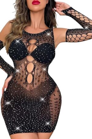 Women Sexy Fishnet Dress Sparkle Rhinestone Babydoll Bodysuit Elastic Plus Size Lingerie Outfit