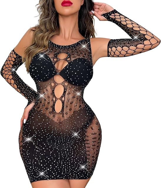 Women Sexy Fishnet Dress Sparkle Rhinestone Babydoll Bodysuit Elastic Plus Size Lingerie Outfit