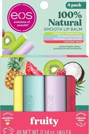eos 100% Natural Lip Balms- Coconut Milk, Pineapple Passionfruit, Watermelon Fros? & Raspberry Kiwi Splash, All-Day Moisture Lip Care, 0.14 oz, 4-Pack