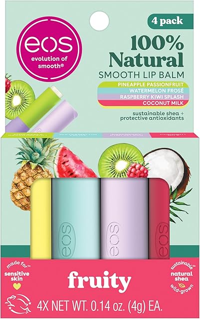 eos 100% Natural Lip Balms- Coconut Milk, Pineapple Passionfruit, Watermelon Fros? & Raspberry Kiwi Splash, All-Day Moisture Lip Care, 0.14 oz, 4-Pack