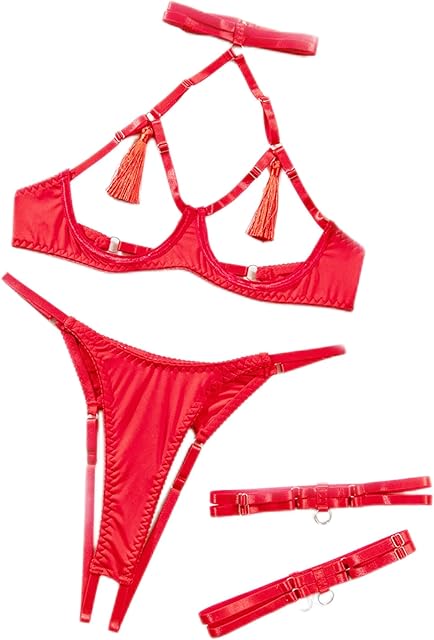 Fun Lingerie, Red Sexy Hollowed Out Breast Revealing Tassels, Tempting Opening Lingerie Set