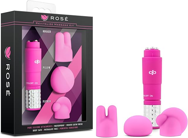 Blush Novelties Rose Revitalize Massage Kit - Massager, External Massager Vibrator - 3 Ultrasilk Smooth Puria Silicone Attachments for Pleasure, Stress Relief - Waterproof - Pocket Sized - Pink