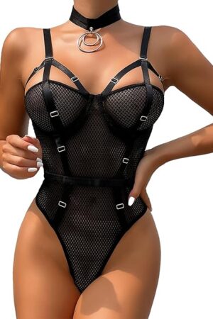 Women's Sexy Lingerie One Piece Bodysuit Mesh Underwire Strappy Babydoll Teddy Lingeries with Choker