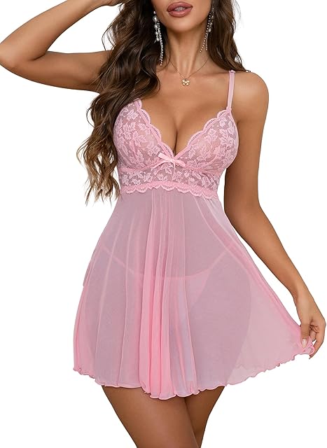Women Sexy Lingerie V Neck Babydoll Dress Lace Chemise Sleepwear Mesh Nightgown with Thong S-XXL