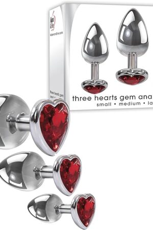 Adam & Eve Three Hearts Gem Anal Plug Set, 3 Piece Polished Aluminum Butt Plug Kit with Sparkling Jewel Bases, Small Medium Large Sizes, Tapered Tips for Easy Insertion, Includes Velvet Storage Bag