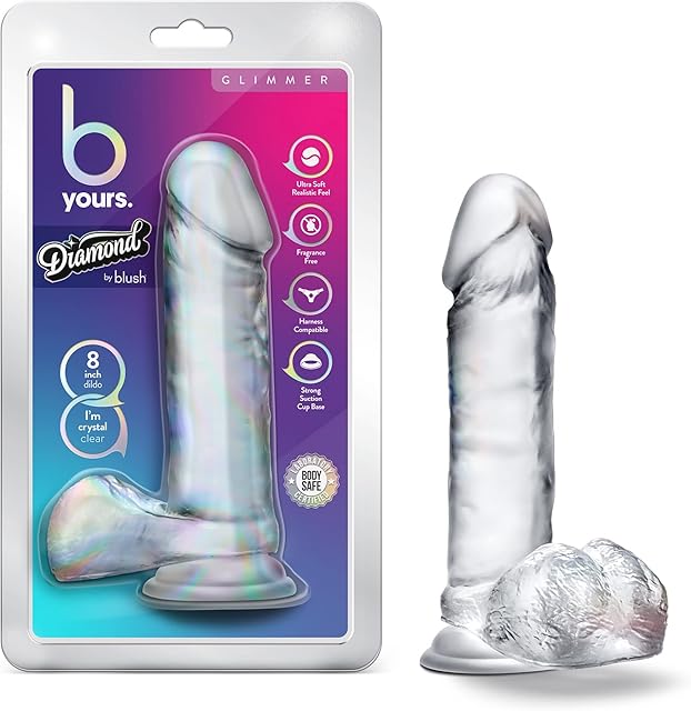Blush Novelties B Yours Diamond Glimmer - Lifelike Realistic Dildo - Powerful Suction Cup for Hands Free Play and - Clear to Watch During Play - Curved for G Spot Stimulation - Sex Toy for Him Her