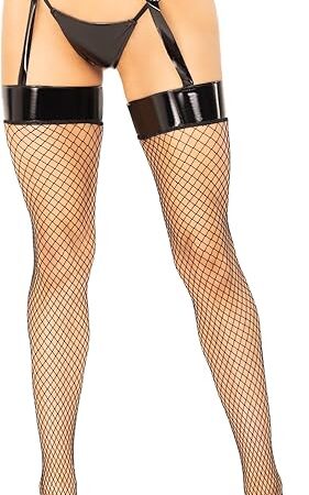 Women's 2 Pc Vinyl Garter Belt with Attached Fishnet Stockings and Matching G-String Panties Set, Black, MED/LGE