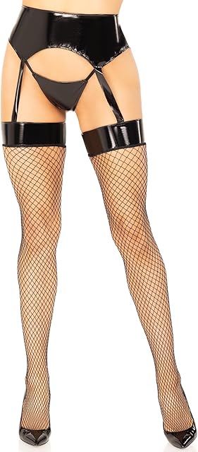 Women's 2 Pc Vinyl Garter Belt with Attached Fishnet Stockings and Matching G-String Panties Set, Black, MED/LGE