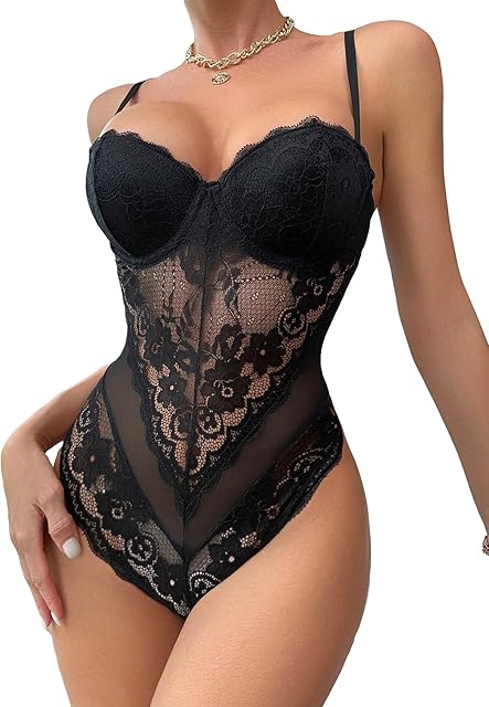 Women Sexy Lace Underwire Cutout Back Mesh Bodysuit Teddy Lingerie Nightwear