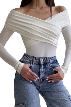 Women's Off The Shoulder Long Sleeve Bodysuit Sexy Ruched Cross Wrap Bodysuit Tops Shirts Jumpsuit