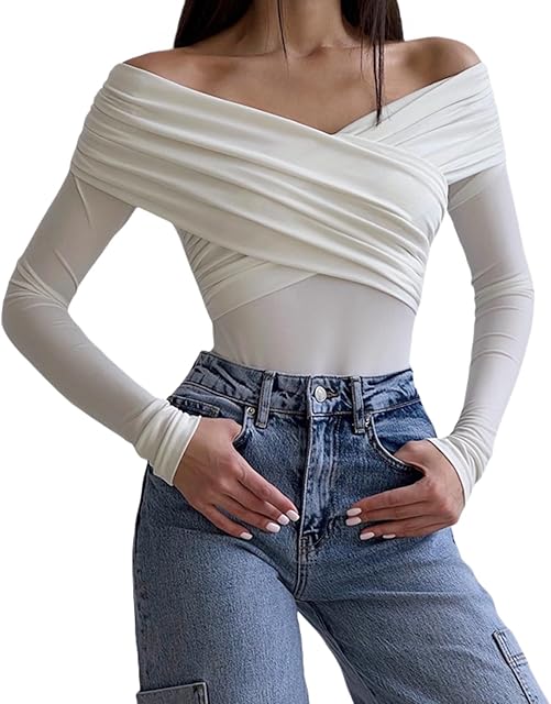 Women's Off The Shoulder Long Sleeve Bodysuit Sexy Ruched Cross Wrap Bodysuit Tops Shirts Jumpsuit