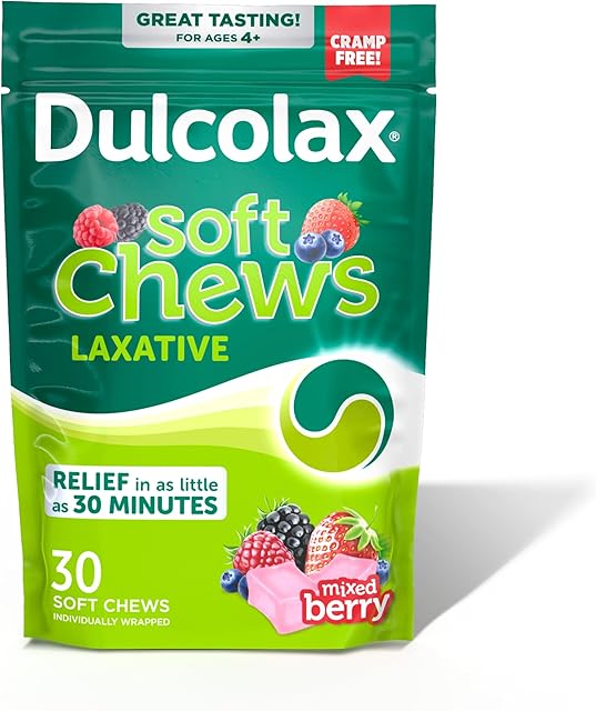 Dulcolax Saline Laxative Soft Chews, Fast-Acting Laxative, Gentle Constipation Relief, Mixed Berry Flavor, Magnesium Hydroxide 1200 mg, 30 Count, Occasional Constipation