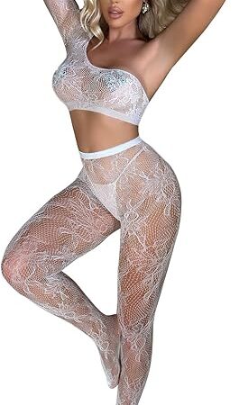 Women's Figured Pattern Fishnet Set Hollow Out One Shoulder Top+Tight Lingerie Set Club 2pc Outfits