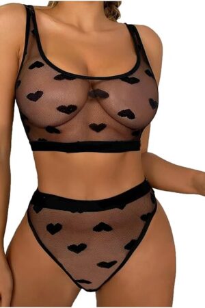Womens Sexy Lingerie Sheer Mesh Strappy Bra and Panty Set See Through Heart Print Underwear Slutty Naughty Outfits