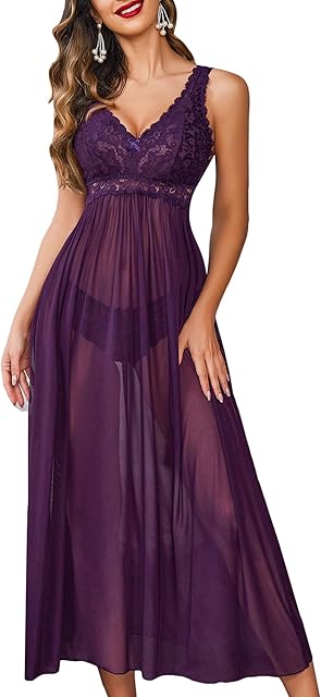 Women Lingerie Lace Babydoll Nightdress Mesh Chemise V Neck Sleepwear