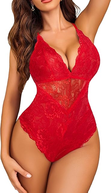 Women Snap Crotch Lingerie Sexy Lace Bodysuit Deep V Teddy One Piece Lace Babydoll