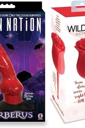 Adult Sex Toy Bundle of Alien Nation Cerberus Silicone Creature Dildo - Red and Icon Brands Wild Rose Le Point Rechargeable Silicone Suction Vibrator - Red