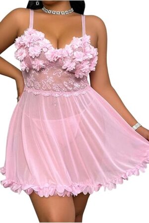 Women's Plus Size 2 Piece 3d Floral Lace Babydoll Lingerie Sheer Mini Chemise with Thong