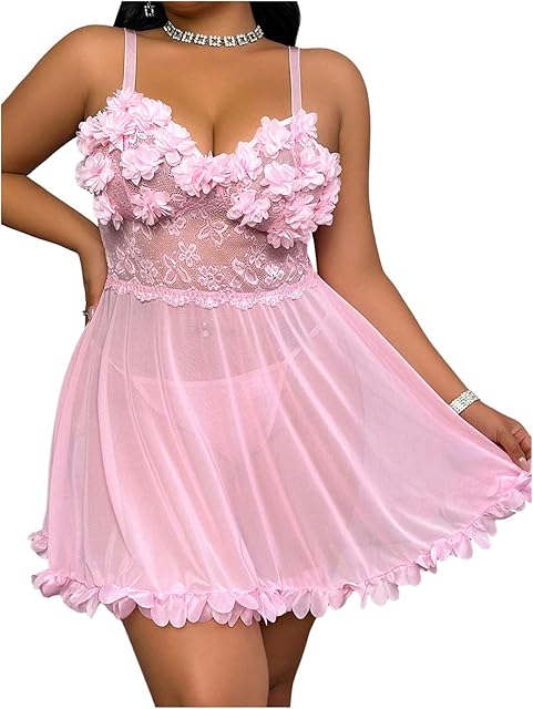 Women's Plus Size 2 Piece 3d Floral Lace Babydoll Lingerie Sheer Mini Chemise with Thong