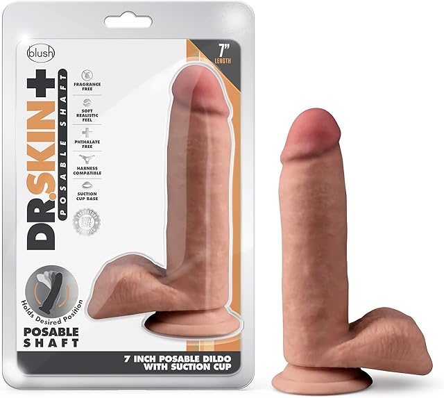 Blush Dr. Skin Plus 7" Posable Realistic Dildo w/Balls, 1.75" Wide Cock, TPE Triple Density Sensa Feel - Suction Cup, Strap-On Pegging & Vagina Play - Adult Sex Toy for Women, Men, Couples - (Mocha)