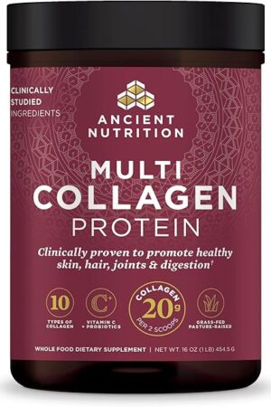 Ancient Nutrition Collagen Powder Protein with Probiotics, Unflavored Multi Collagen Protein with Vitamin C, 45 Servings, Hydrolyzed Collagen Peptides Supports Skin and Nails, Gut Health, 16oz