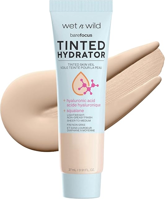 wet n wild Bare Focus Tinted Hydrator Tinted Skin Veil, Lightweight Buildable Coverage with Hyaluronic Acid & Vegan Squalane, Sheer-to-Medium Coverage, Semi-Matte Finish, Cruelty-Free - Light Medium
